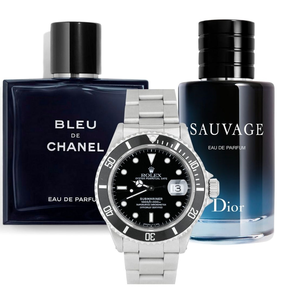 COMBO PERFUME + RELOJ ROLEX PLATA NEGRO